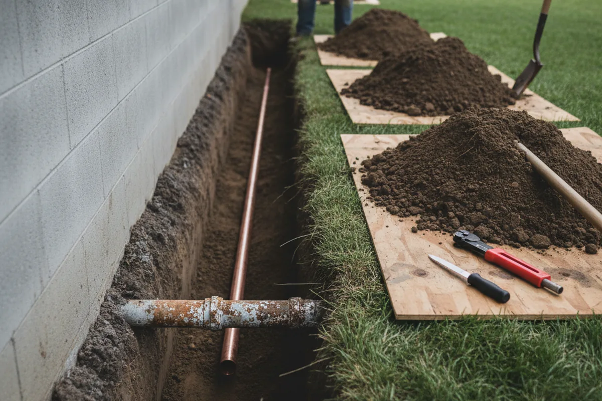 Excavated water line trench during Water Heater Repair in Ellisville